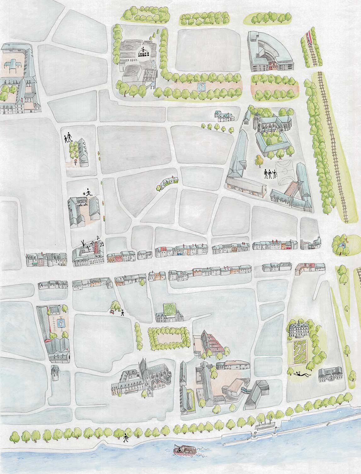Croquis du quartier réalisé dans le cadre du projet Bourgogne Village à Orléans L'image est une aquarelle représentant une vue aérienne du quartier Bourgogne Village à Orléans. Elle montre un plan urbain avec des rues, des bâtiments (certains avec des caractéristiques architecturales distinctes), de la végétation, la Loire, une ligne de chemin de fer et quelques personnages. L'ambiance est paisible et pittoresque, avec des couleurs douces et des détails délicats.